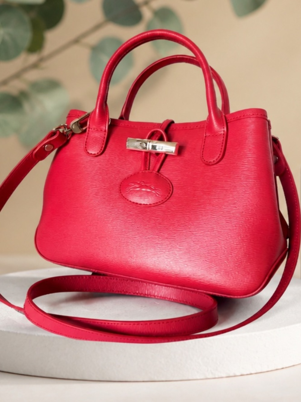 Longchamp Roseau Rare 2Way Coral Red Leather Tote with Top Handles.